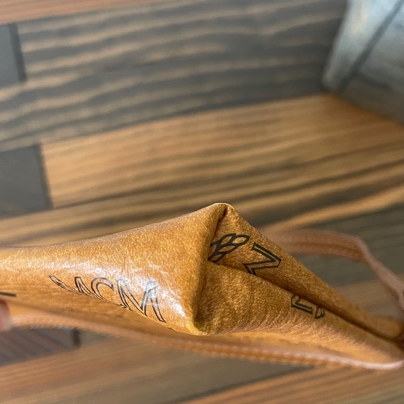 MCM Cognac Leather Trimmed Visetos Zippered Pouch/Wristlet w/ COA - Picture 7 of 12